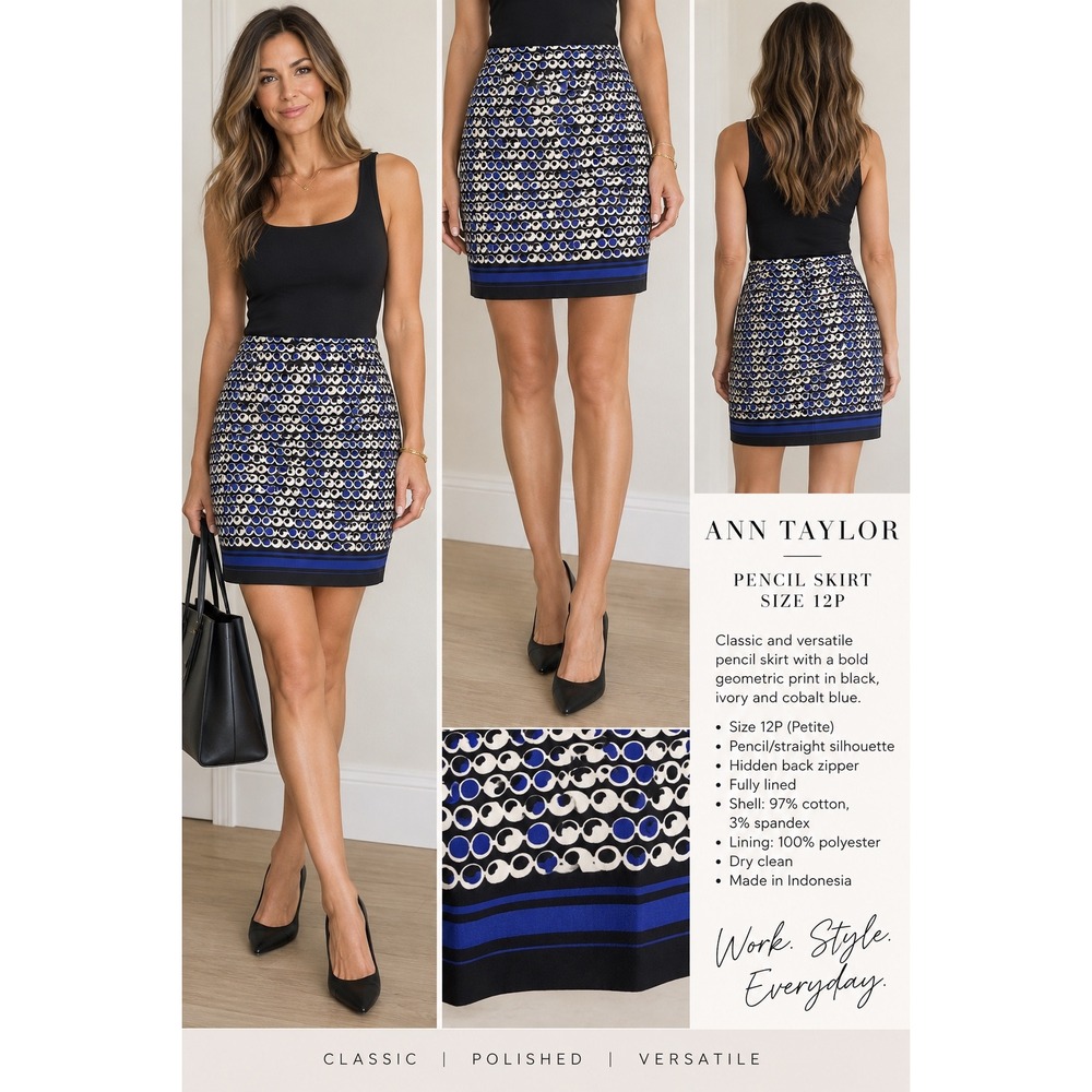 Ann Taylor Black Blue Ivory Geometric Print Pencil Skirt Size 12P Petite